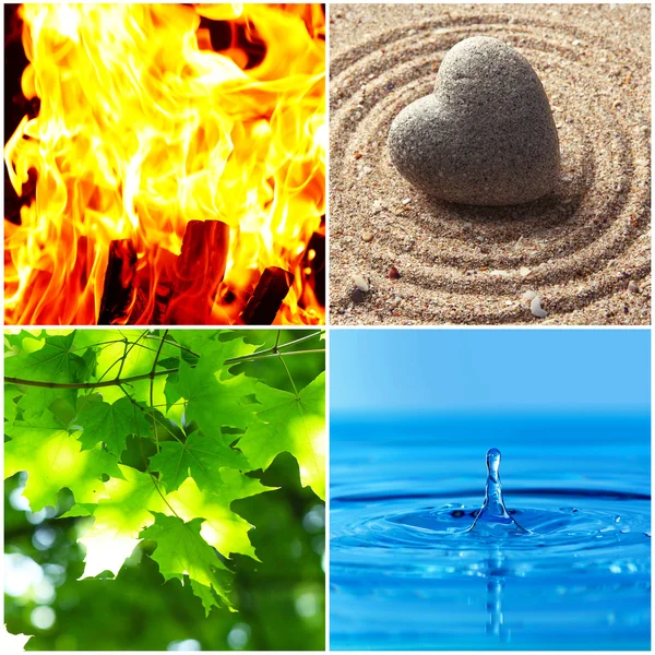 Collage des zerstörerischen Zyklus des Feng Shui mit fünf Elementen (Wasser, Holz, Feuer, Erde, Metall)) — Stockfoto