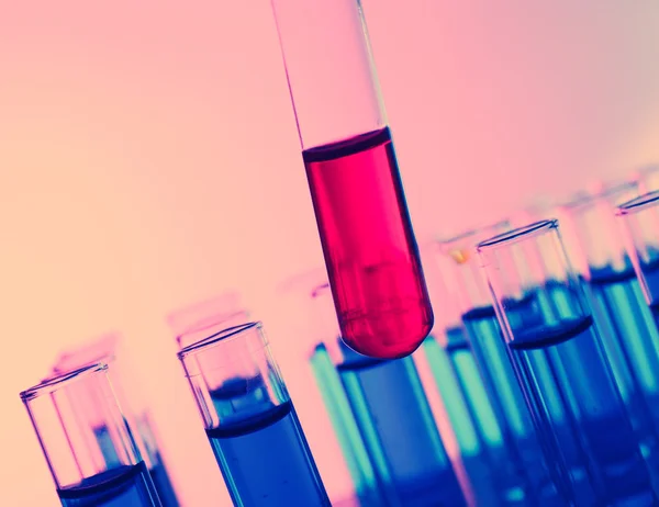 Test tube filled with red liquid on background of other tubes, close-up — Stock Photo, Image