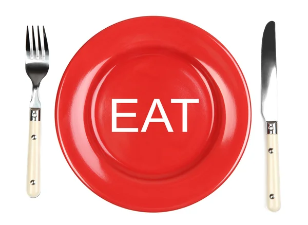 Plaat met woord eten op het, vork en mes geïsoleerd op wit — Stockfoto