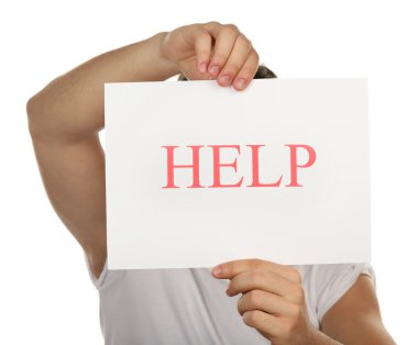 Kağıdın yardımıyla erkek elinde beyaz izole işareti