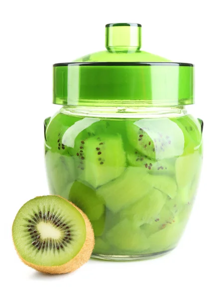 Tasty kiwi jam in glass jar isolated on white — Stock Photo, Image