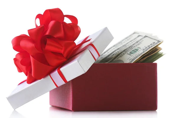 Bundle of dollars in present box — Stock Photo, Image
