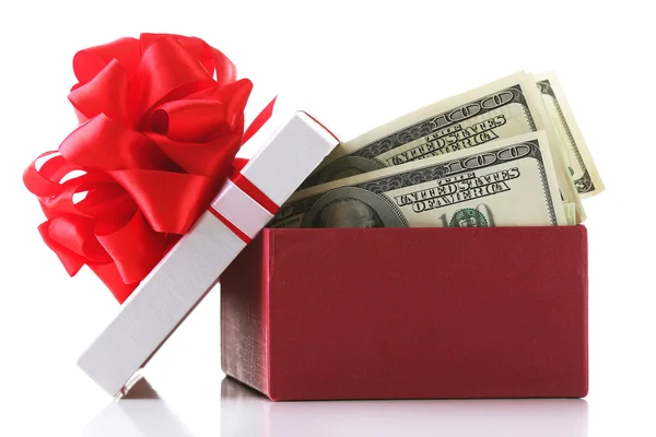 Bundle of dollars in present box — Stock Photo, Image