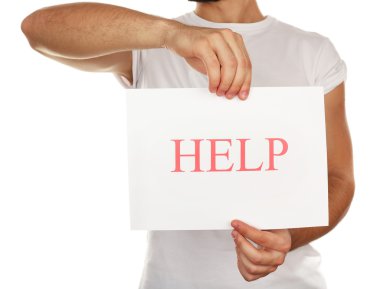 Kağıdın yardımıyla erkek elinde beyaz izole işareti