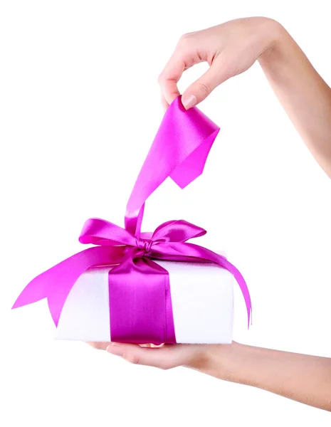 女人的手抱着丝带和打开礼品盒上白色孤立 — 图库照片