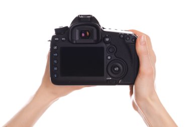 Elinde beyaz izole kamera