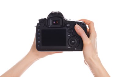 Elinde beyaz izole kamera