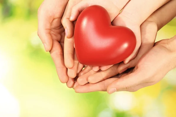 Red heart in family hands on bright background — Stock Photo, Image