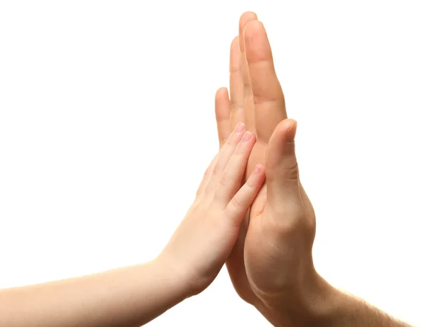 Corazón en manos de niño y padre aislado en blanco — Foto de Stock