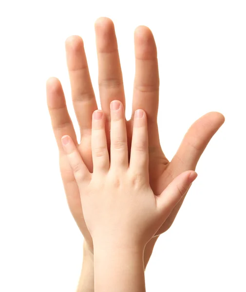 Herz in den Händen von Kind und Vater isoliert auf weiß — Stockfoto
