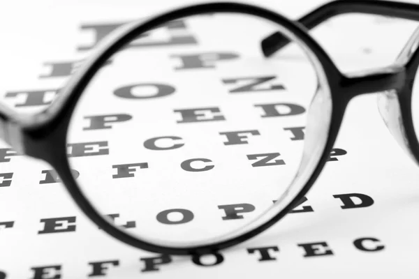 Glasses on eye chart close-up — Stock Photo, Image