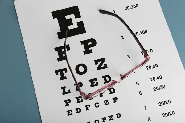 Glasses on eye chart close-up — Stock Photo, Image