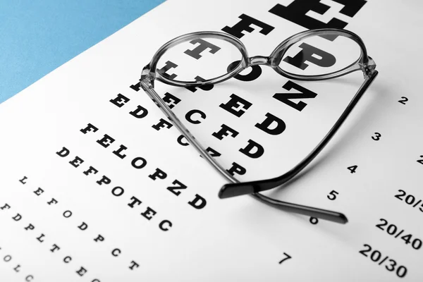 Glasses on eye chart close-up — Stock Photo, Image