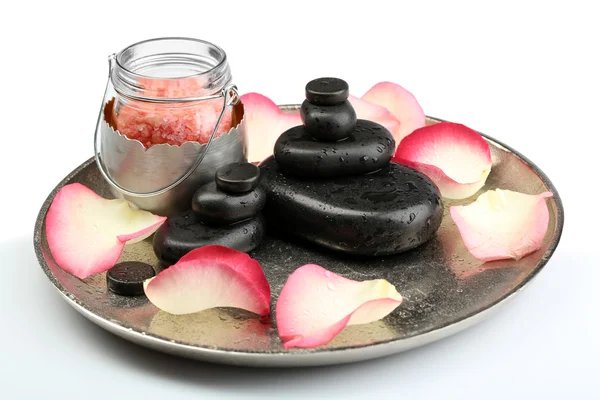 Spa stones, sea salt and petals — Stock Photo, Image