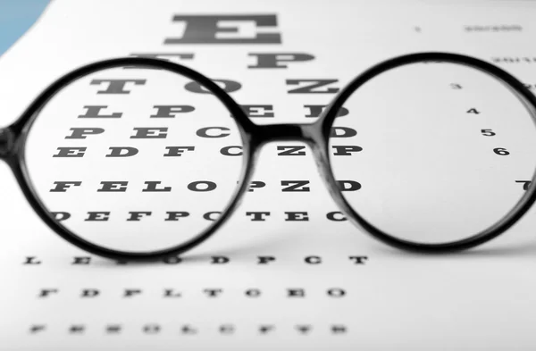 Glasses on eye chart close-up — Stock Photo, Image