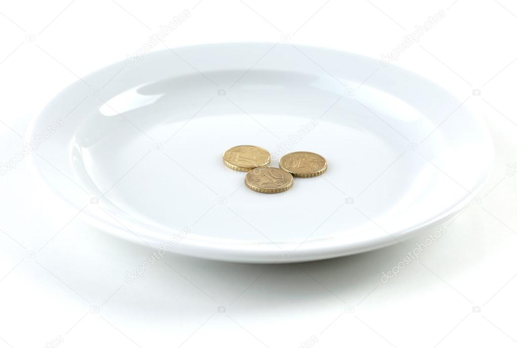 Coins on plate isolated on white