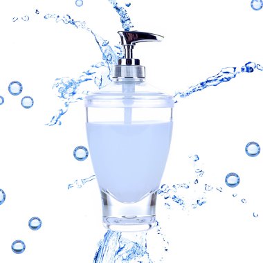 Kozmetik sıvı flakon soyut su sıçramasına arka plan üzerinde dağıtıcı ile içinde