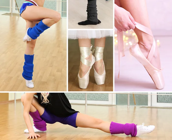 Kollázs a női lábak gyakorló tánc — Stock Fotó