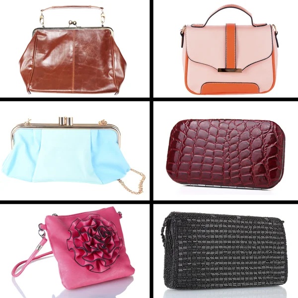 Different handbags isolated on white in collage — Stock Photo, Image