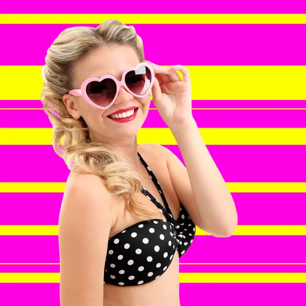 Beautiful glamour girl on colorful striped background — Stock Photo, Image