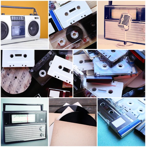 ビニール レコード、オーディオ カセット、マイク、テープ レコーダー、ラジオにコラージュを設定 — ストック写真