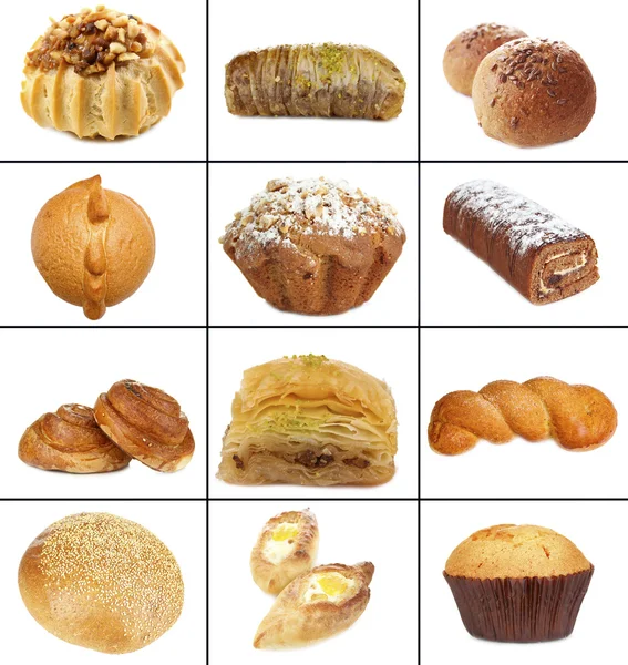 Collage of different pastries and bakery items, isolated on white — Stock Photo, Image