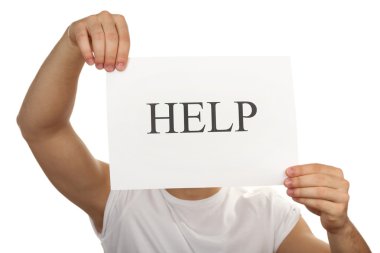 Kağıdın yardımıyla erkek elinde beyaz izole işareti