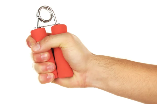 Hand trainer with steel spring in male hand, isolated on white — Stock Photo, Image