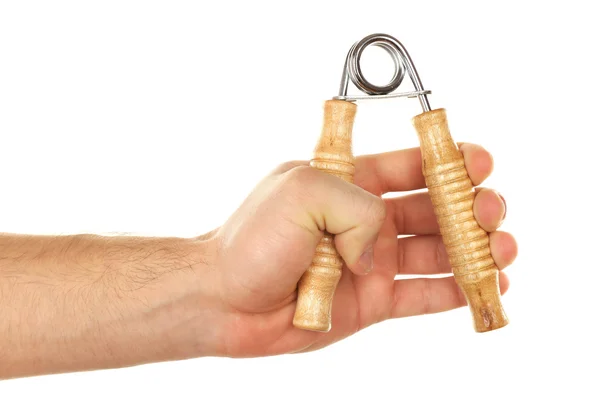 Hand trainer with steel spring in male hand, isolated on white — Stock Photo, Image