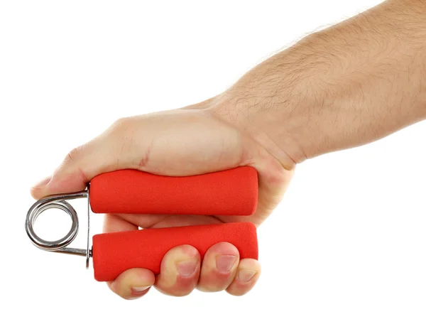 Hand trainer with steel spring in male hand, isolated on white — Stock Photo, Image