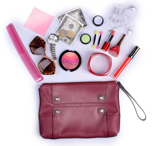 Женская сумка и вещи — стоковое фото