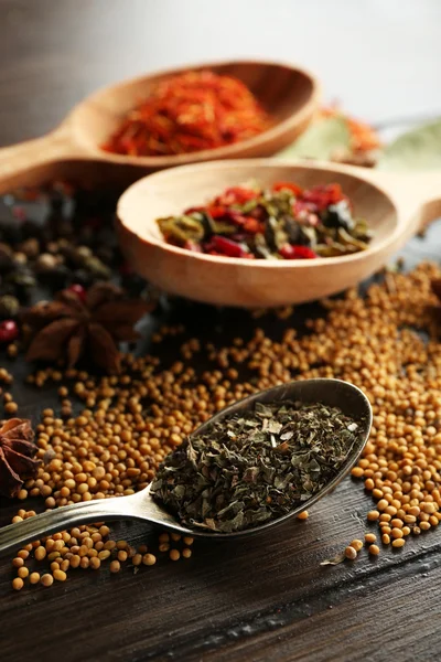 Different kinds of spices in spoons, close-up, on wooden background — Stock Photo, Image