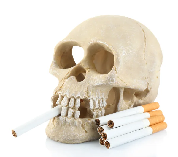 Fumar scull humano com cigarro na boca, isolado em branco — Fotografia de Stock
