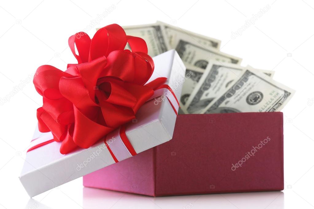 Bundle of dollars in present box
