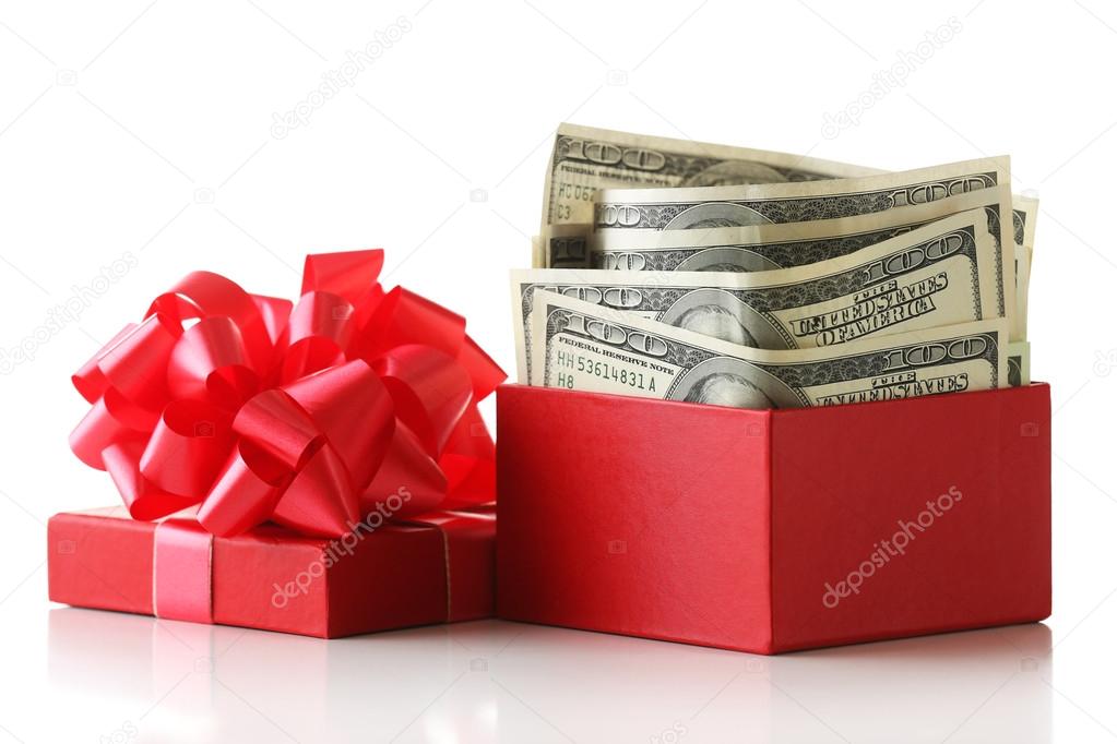 Bundle of dollars in present box