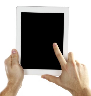 tablet pc beyaz izole tutan eller