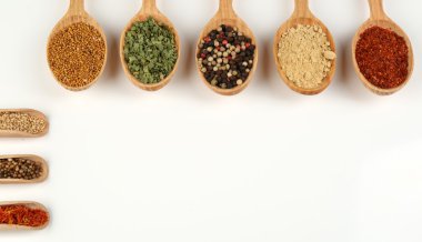 Farklı baharatlar ve otlar tahta kaşıklar üzerinde beyaz izole