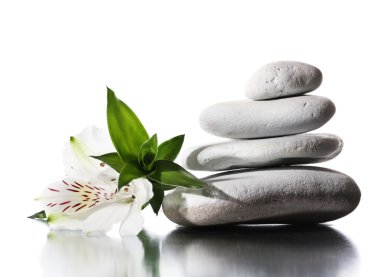 Natürmort spa taş parlak yüzeyi üzerinde beyaz izole