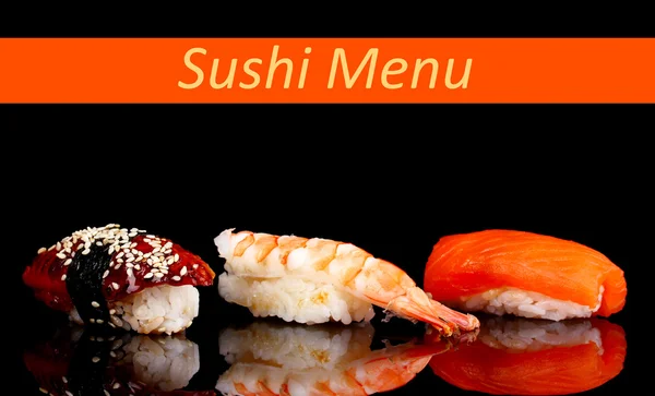 Delicioso sushi isolado em preto com espaço para o seu texto — Fotografia de Stock