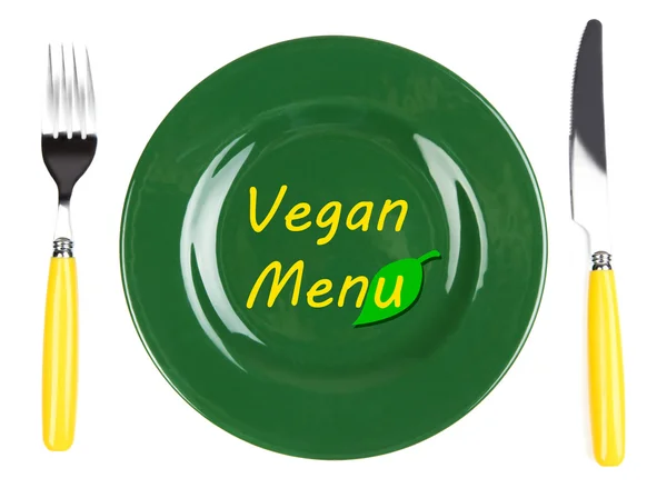 Plaat met tekst Vegan Menu, vork en mes geïsoleerd op wit — Stockfoto