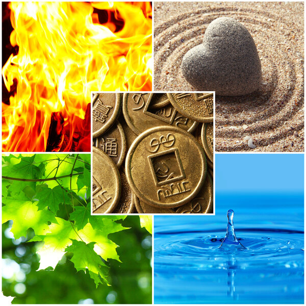 Collage of Feng Shui destructive cycle with five elements (water, wood, fire, earth, metal)