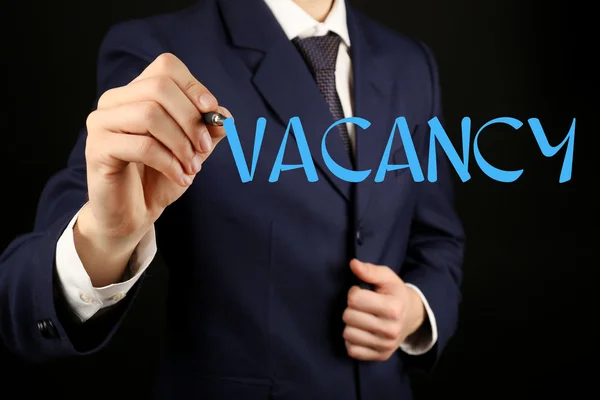 Vacancy şeffaf beyaz tahta, yazma işadamı yakın çekim — Stok fotoğraf