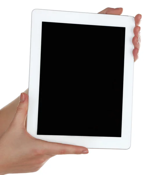 Mani che tengono tablet pc Isolato su bianco — Foto Stock