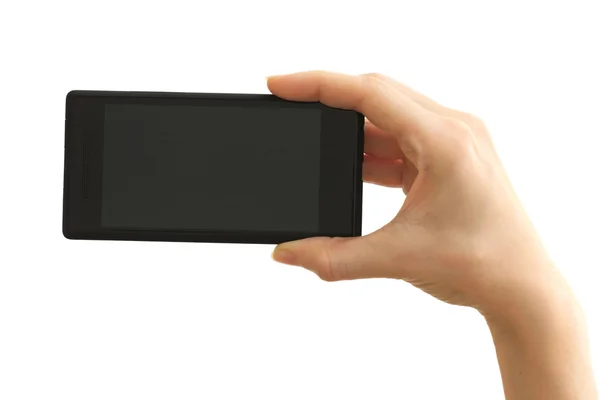 Hand holding mobile smart phone, isolated on white — Stock Photo, Image