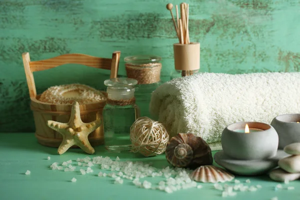 Composition of spa treatment on wooden background — Stock Photo, Image