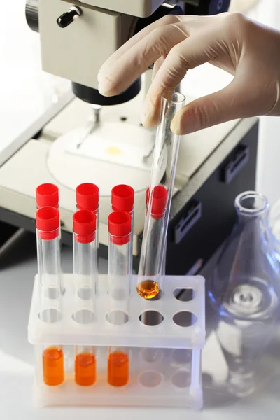 Assistant main dans les gants faire des analyses en laboratoire avec microscope sur fond blanc — Photo