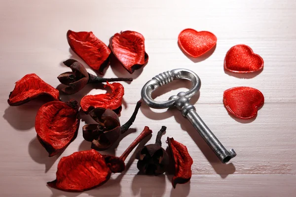 Key with  petals and hearts — Stock Photo, Image