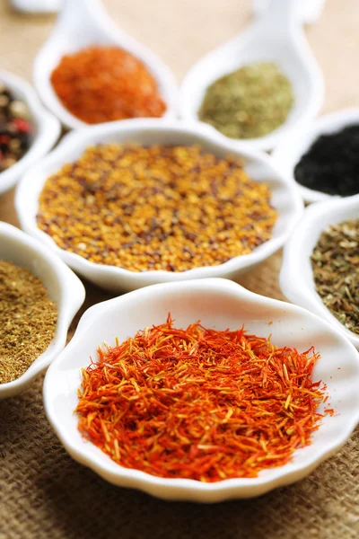 Different kinds of spices in ceramics spoons, close-up, on sackcloth background — Stock Photo, Image