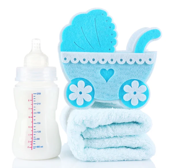 Pram and bottle of milk — Stock Photo, Image