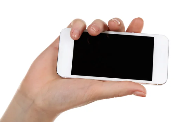 Mano que sostiene el teléfono inteligente móvil aislado en blanco — Foto de Stock